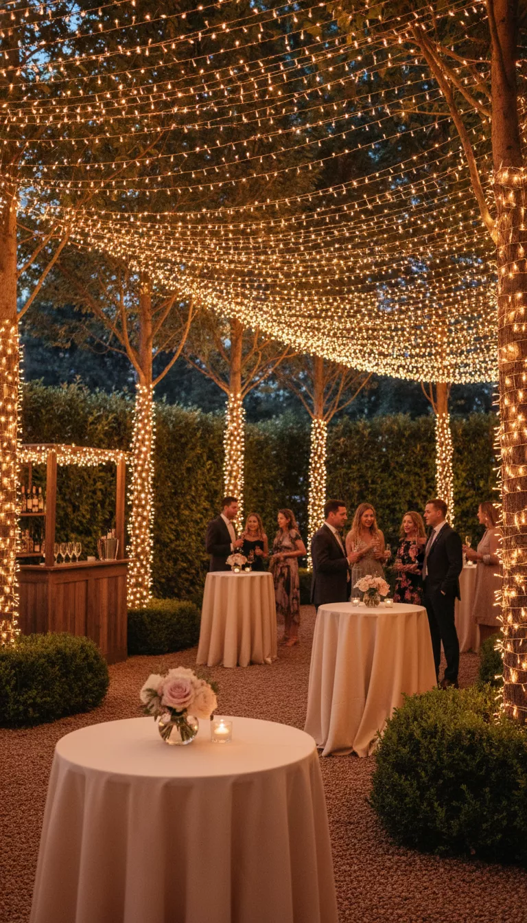 A professional photo, similar to a photo in a wedding magazine, of a cocktail area completely enveloped in delicate, warm toned copper wire fairy lights, strung across bushes and wrapped around tree trunks, creating a sparkling, intimate ambience.