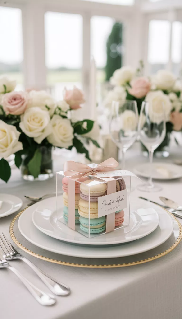A professional photo, similar to a photo in a wedding magazine, of clear acrylic boxes filled with pastel colored French macarons tied with silk ribbon, placed at each guest setting as a delicate, delicious, and aesthetically pleasing wedding favor.