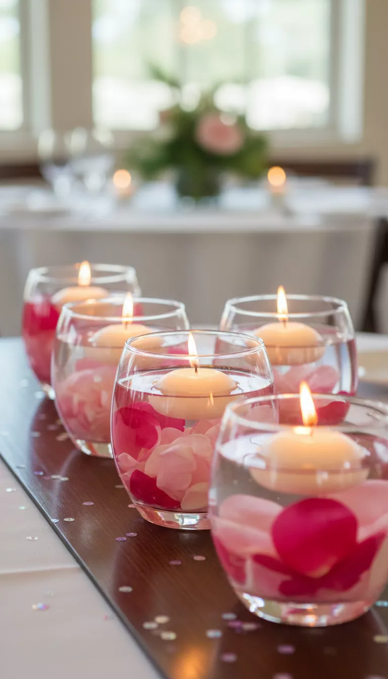 Floating Candles and Flower Petals in Water A professional photo, similar to a photo in a wedding magazine, of squat clear Dollar Tree vases filled with water and vibrant pink flower petals, each topped with a single flickering floating candle.