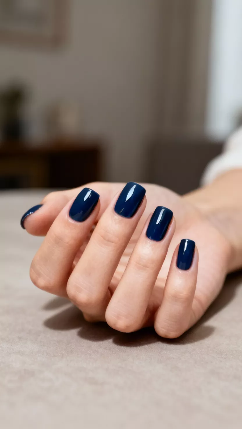 Navy Blue with High Gloss close-up shot of a woman’s hand with five fingers showing nails with a rich, opaque navy blue polish finished with an extremely high-gloss top coat, room background.