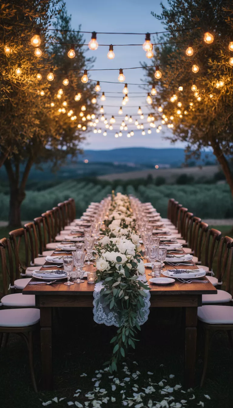 A professional photo, similar to a photo in a wedding magazine, of a long, narrow wooden wedding reception table set outdoors, illuminated by bare Edison bulbs strung overhead, no people.
