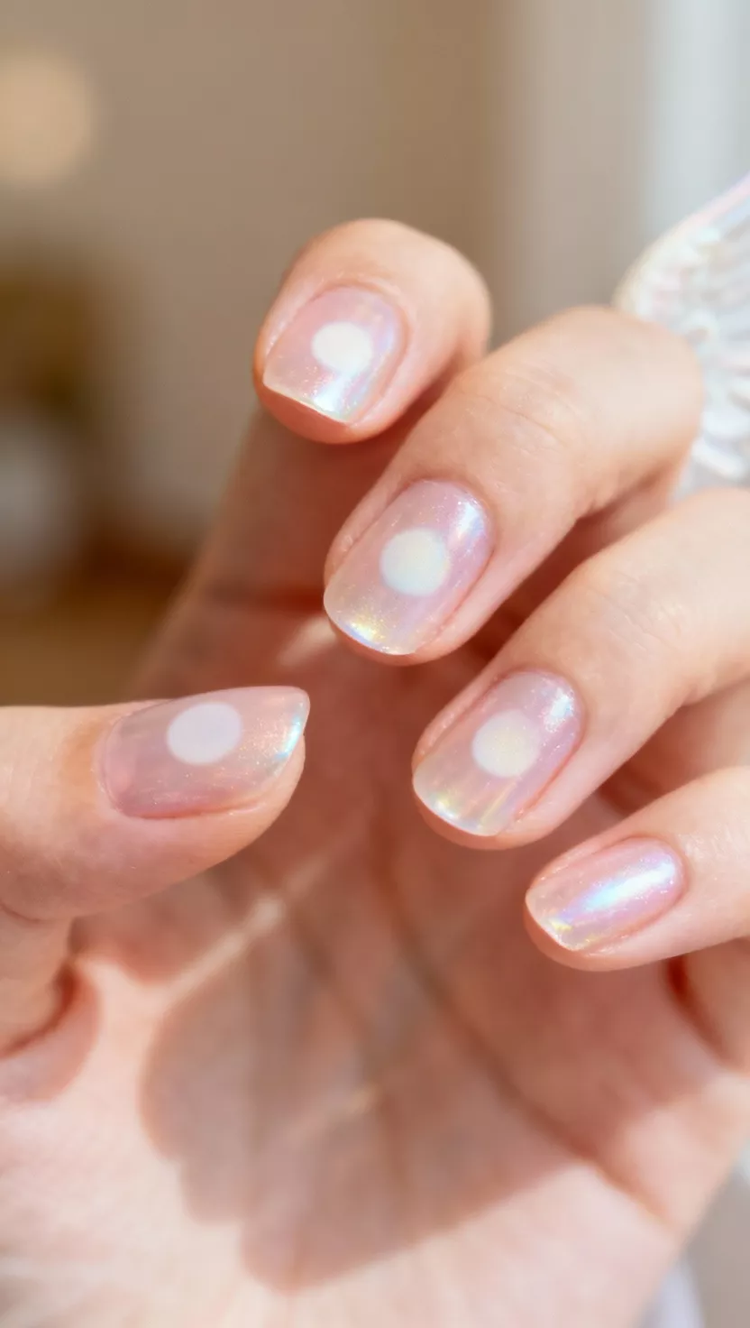Icy Pink Aura Nails close-up shot of a woman’s hand with five fingers showing nails with a pearlescent, translucent light pink base, airbrushed with a softer, slightly opaque white circle in the center to create a subtle, angelic aura effect, room background.
