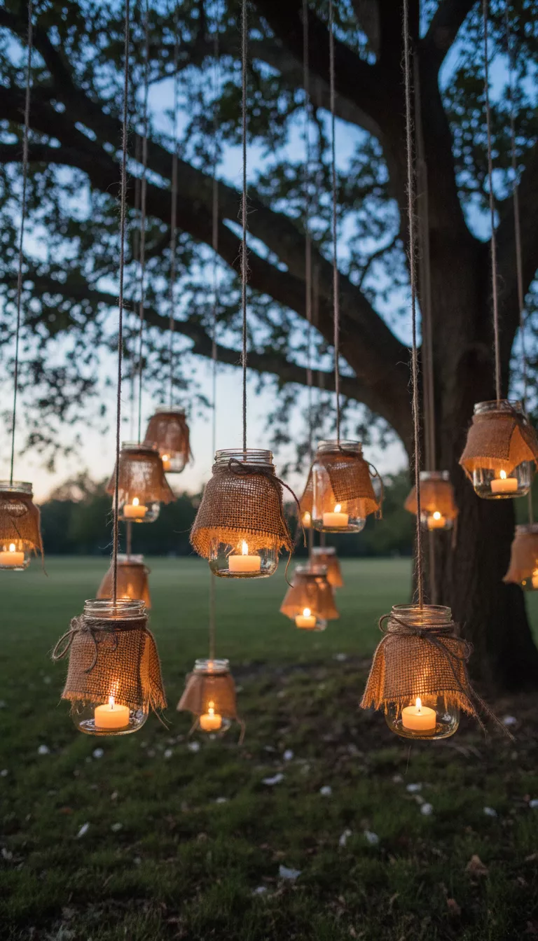A professional photo, similar to a photo in a wedding magazine, of several clear mason jars wrapped partially in natural burlap and twine, each holding a glowing tea light, hanging gently from tree branches at dusk.