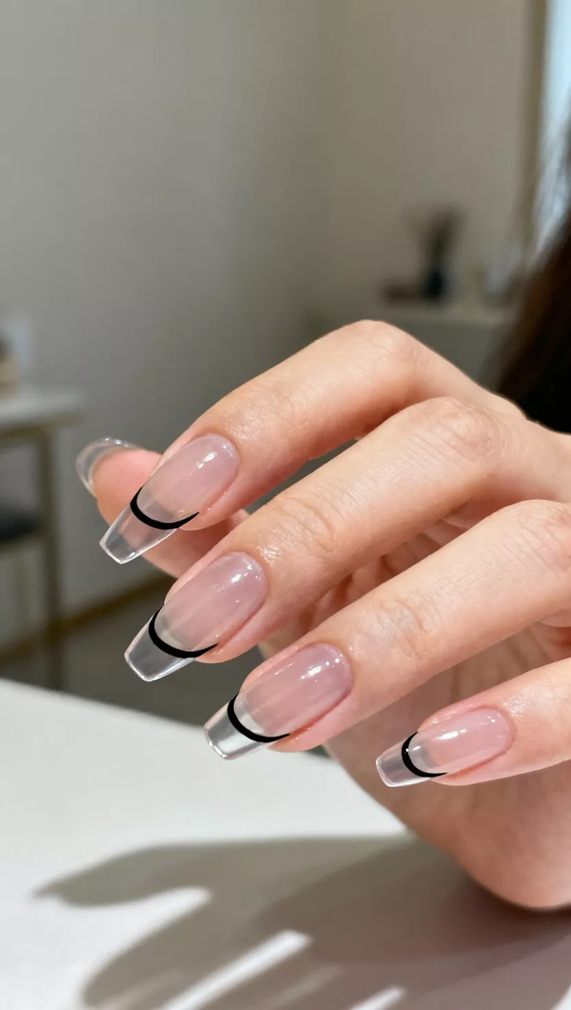 Negative Space French Tips in Black close-up shot of a woman’s hand with five fingers showing nails with a clear, glossy base, featuring only the very edge of the nail painted in a sharp, thin line of pitch black polish, leaving the entire rest of the nail bare, room background.
