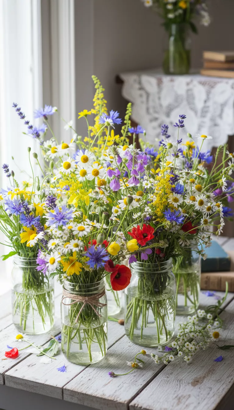 A professional photo, similar to a photo in a wedding magazine, of clear mason jars brimming with a colorful assortment of freshly picked wildflowers and baby
