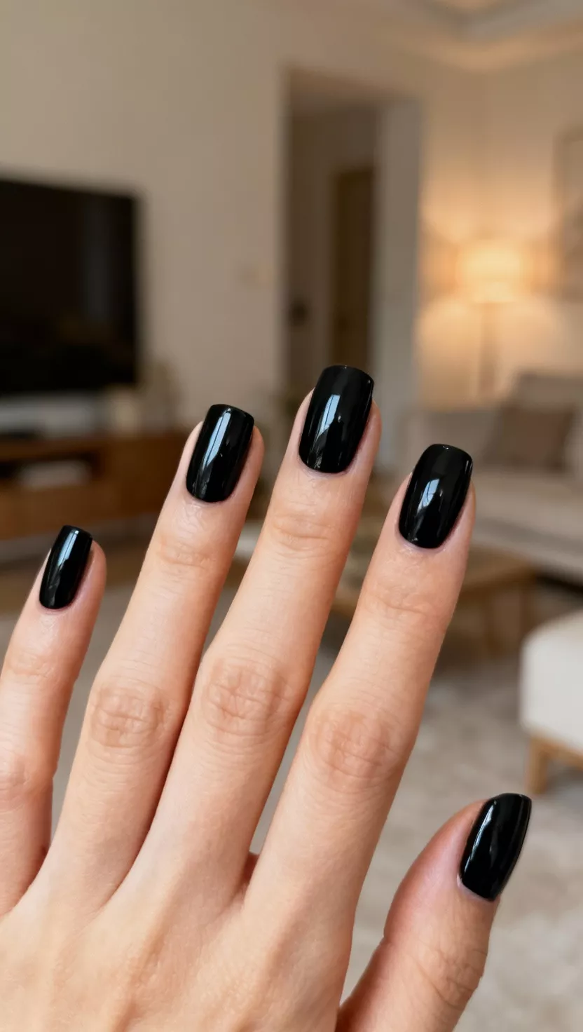 close-up shot of a woman’s hand with five fingers showing nails with a glossy, true-black polish, living room background.