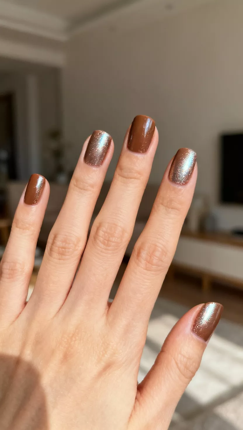 close-up shot of a woman’s hand with five fingers showing nails with a medium brown shade layered with a subtle chrome powder to give a metallic, reflective finish, living room background.