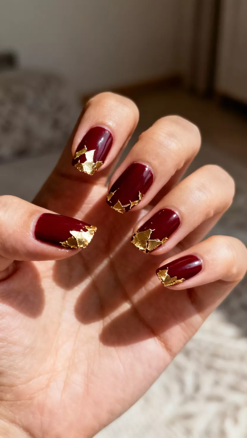 Deep Burgundy with Gold Leaf Accents close-up shot of a woman’s hand with five fingers showing nails with a rich, opaque burgundy polish, dramatically accented with jagged flakes of genuine gold leaf near the cuticle, room background.