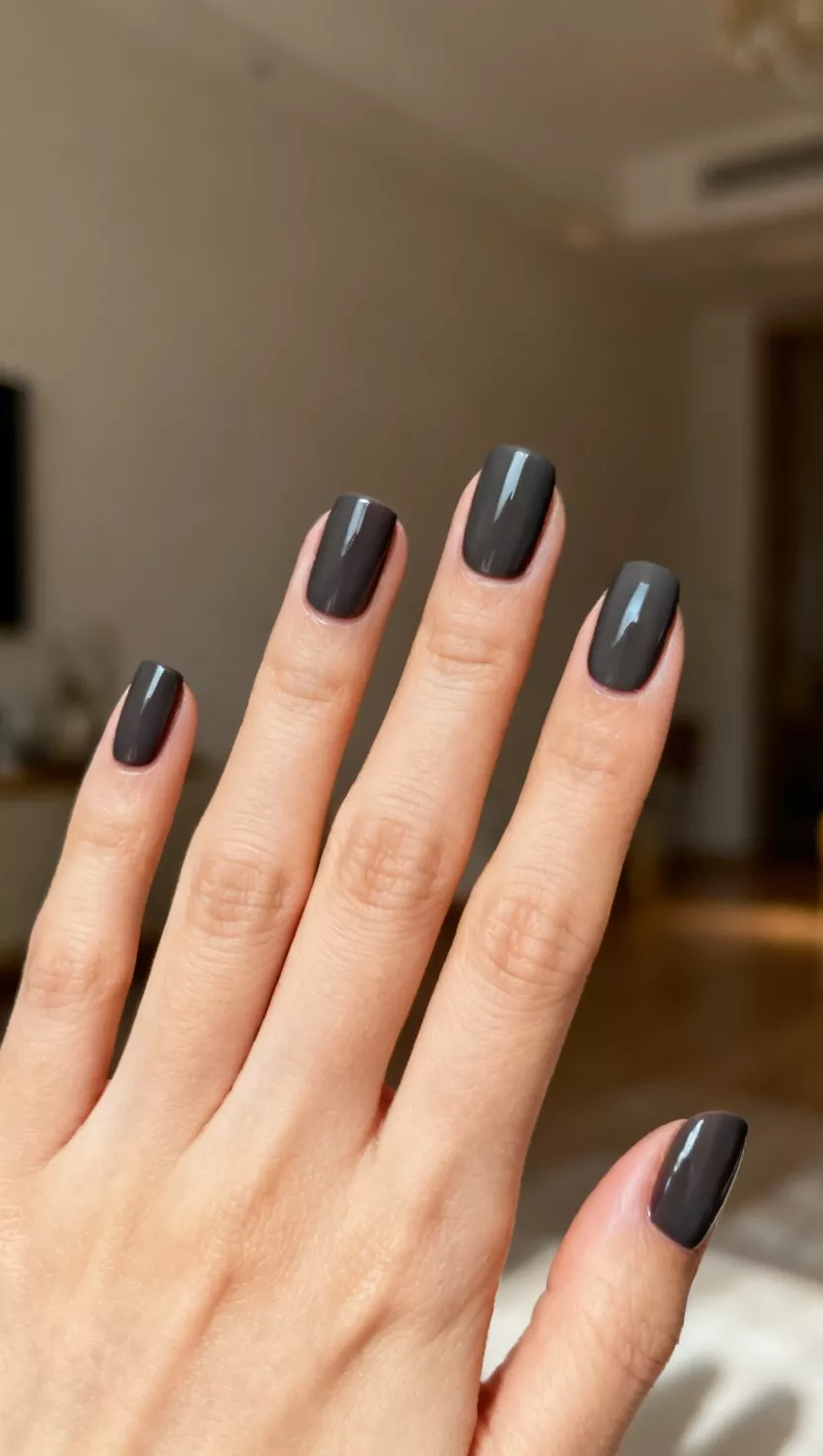 Dark Charcoal Gray close-up shot of a woman’s hand with five fingers showing nails with a rich, opaque dark charcoal gray polish with a deep creme finish, room background.