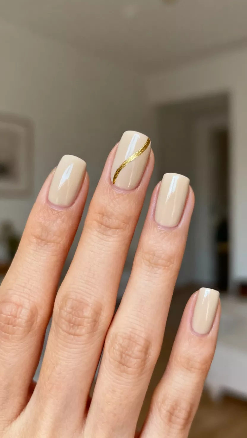 Abstract Minimalist Gold Lines close-up shot of a woman’s hand with five fingers showing nails with a neutral cream base where one or two accent nails feature a single, curved, abstract gold line painted off-center, room background.
