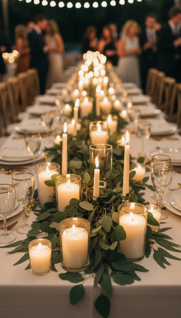 A professional photo, similar to a photo in a wedding magazine, of a long reception table centerpiece featuring an array of Dollar Tree candles of various heights and shapes, casting a warm, romantic glow among eucalyptus greenery.