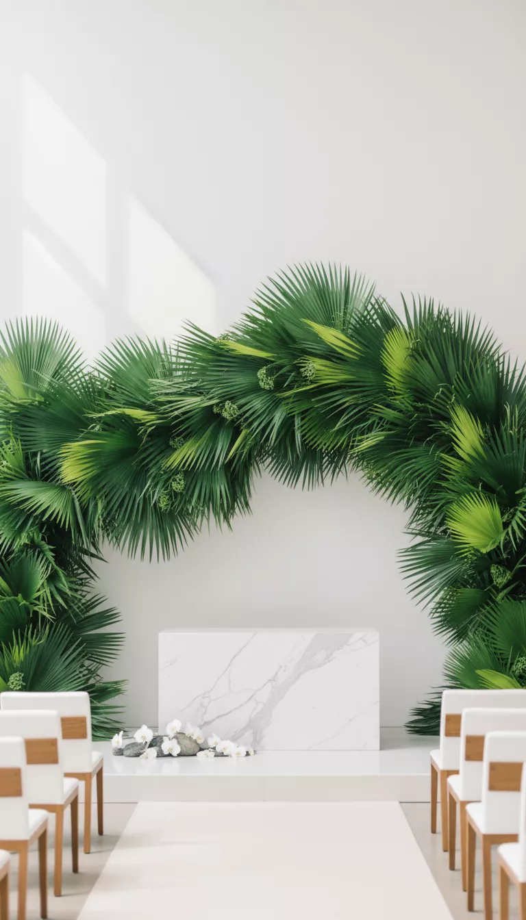 A professional photo, similar to a photo in a wedding magazine, of a modern ceremony backdrop constructed from large, vibrant green palm fronds layered artistically against a white wall.
