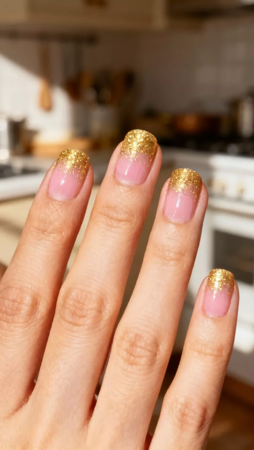 close-up shot of a woman’s hand with five fingers showing nails with a nude pink base fading gradually into a dense, fine gold glitter near the cuticle, soft kitchen lighting.