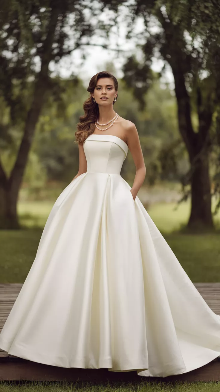 A professional photo, similar to a photo in a wedding magazine, of a bride wearing a strapless white wedding gown with a supremely full, flowing A-line skirt crafted from luxurious matte satin.