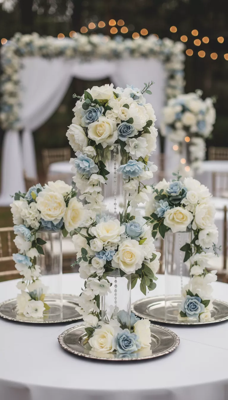 Stacked Tiered Arrangements with Plastic Stems A professional photo, similar to a photo in a wedding magazine, of stacked or tiered floral arrangements utilizing clear plastic stands and abundant Dollar Tree plastic flower stems in shades of cream and light blue.