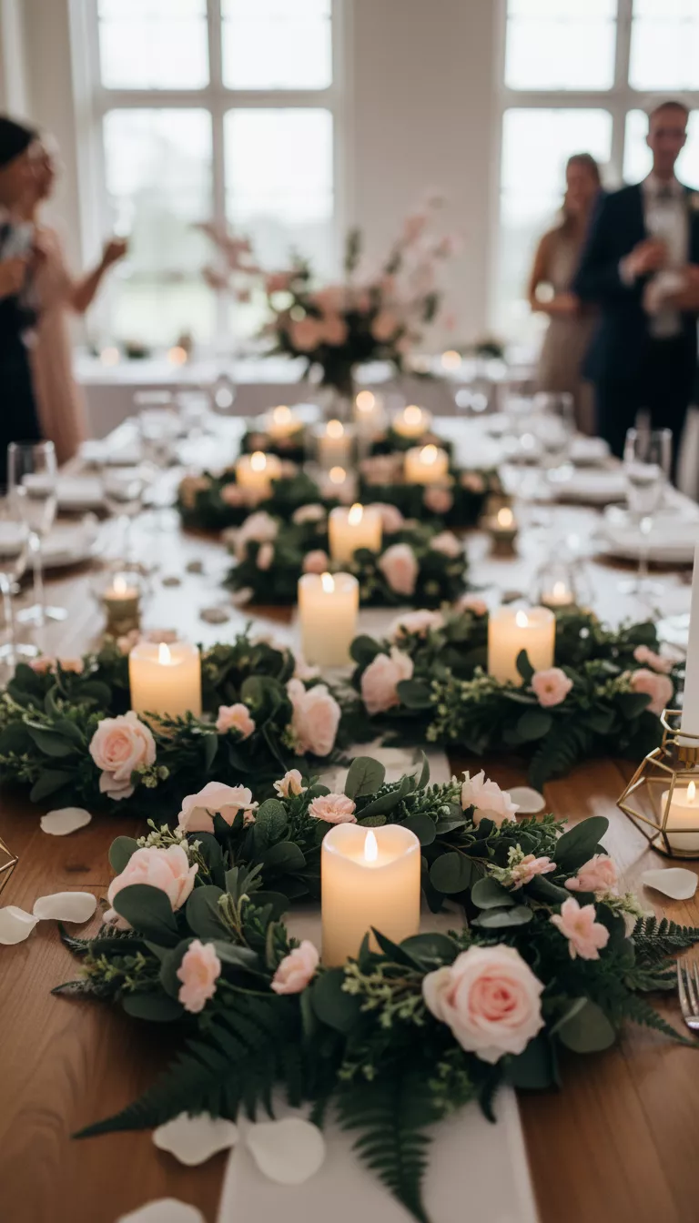 Floral Ring Arrangements Around Candles A professional photo, similar to a photo in a wedding magazine, of circular floral ring arrangements featuring deep green faux leaves and pale pink blooms, neatly placed around thick white pillar or LED candles.