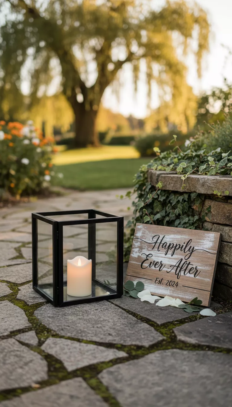A professional photo, similar to a photo in a wedding magazine, of four square black Dollar Tree picture frames glued together to form a lantern shape, illuminated by an LED candle, resting on a stone path beside a wooden wedding sign.