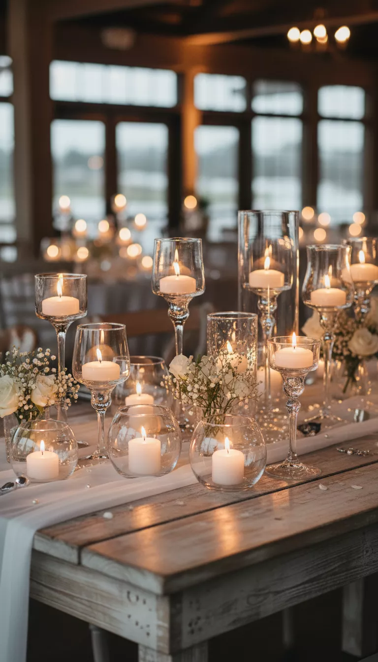 A professional photo, similar to a photo in a wedding magazine, of a collection of mismatched clear glass candle holders of various heights on a wooden table, lit with flickering white votives.