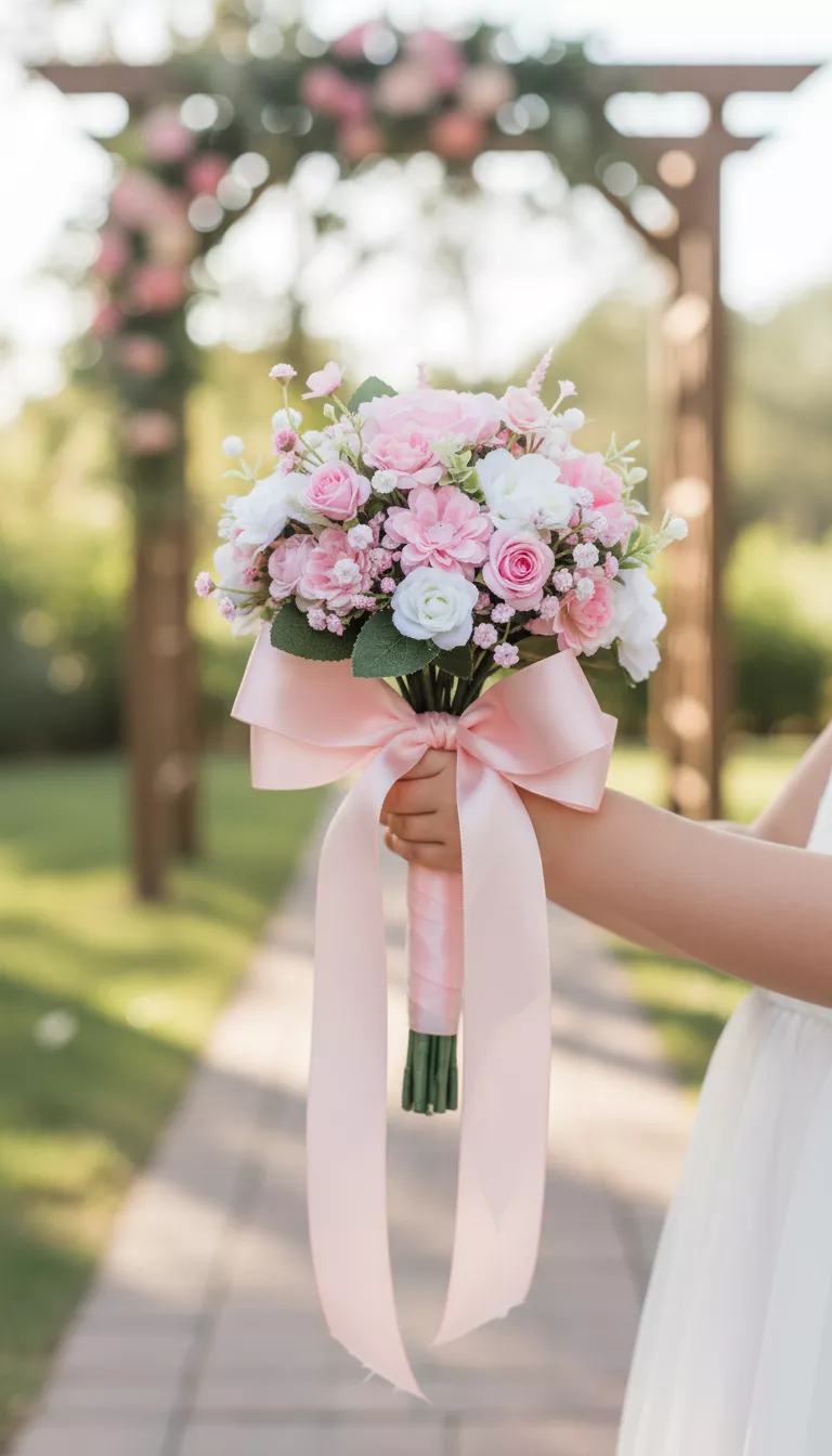 A professional photo, similar to a photo in a wedding magazine, of a small, charming DIY flower girl bouquet made from a mix of miniature Dollar Tree artificial flowers in pink and white, tied with a satin ribbon.
