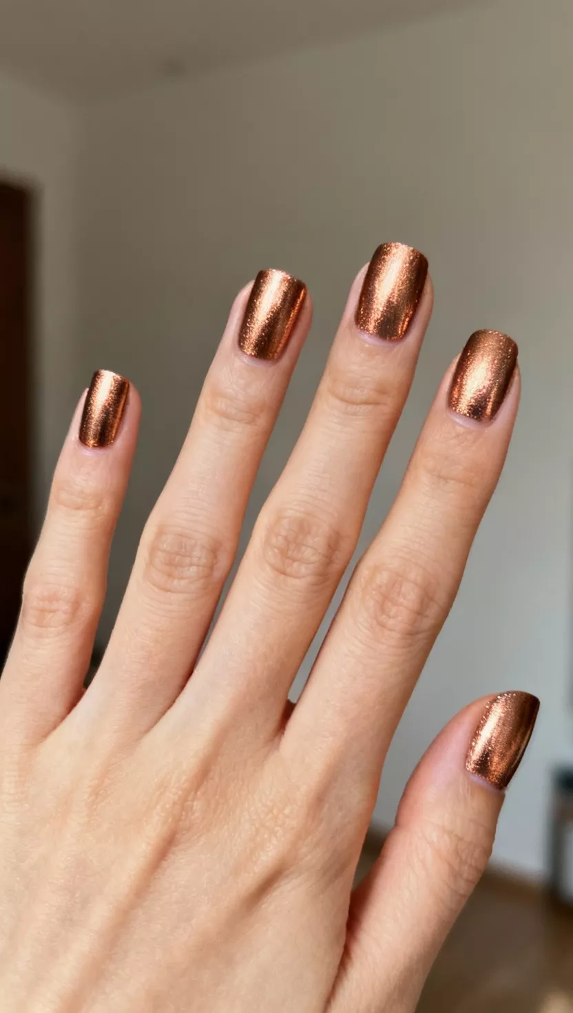 Shimmering Copper Dip close-up shot of a woman’s hand with five fingers showing nails with a full coat of shimmering copper polish that has a metallic finish, room background.