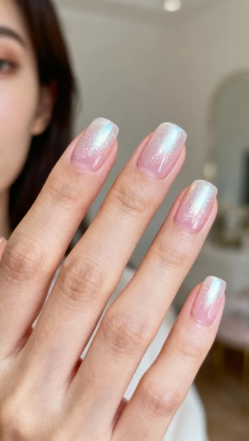 Glazed Donut Nails on Pink close-up shot of a woman’s hand with five fingers showing nails with a sheer, baby pink base coat, topped with a micro-fine pearlescent white chrome powder that gives a highly reflective, sheer, almost wet-look glazed finish, room background.