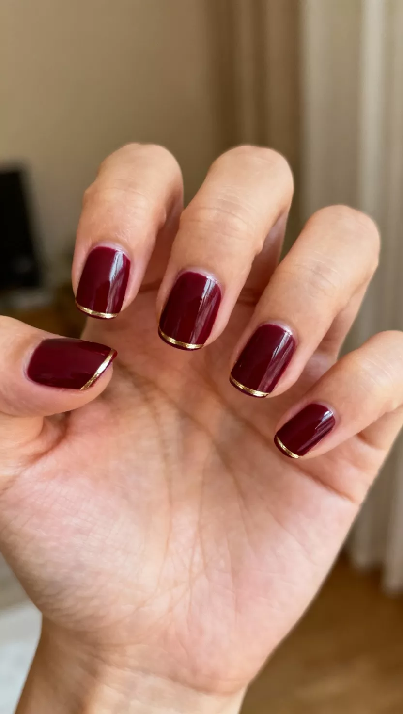 Reverse French Manicure in Burgundy close-up shot of a woman’s hand with five fingers showing nails with a deep burgundy color on the nail bed and a thinner line of metallic gold tracing the cuticle area (a reverse French), room background.