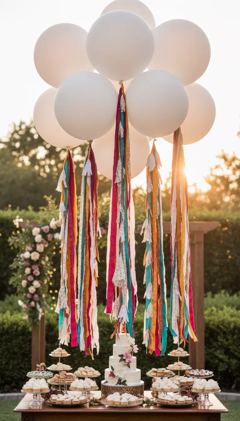 A professional photo, similar to a photo in a wedding magazine, of a cluster of giant, round white balloons anchored by long, colorful, bohemian tassels made of silk ribbon and layered paper, floating near the dessert table.