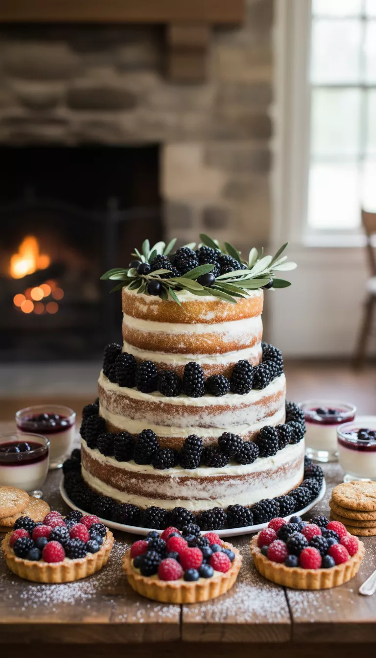 A photo of a rustic naked cake decorated with fresh blackberries and an elegant olive branch wreath topper, standing tall and surrounded by small berry tarts and other simple desserts.