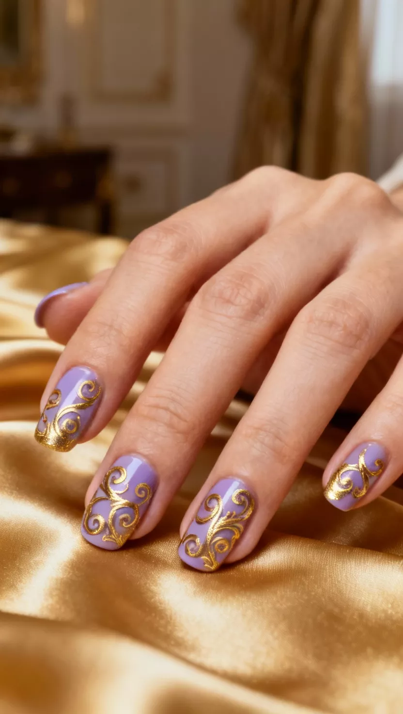 close-up shot of a woman’s hand with five fingers showing nails with an opaque lilac base and intricate, delicate scrolling baroque swirls painted in metallic gold polish, luxury silk room background.