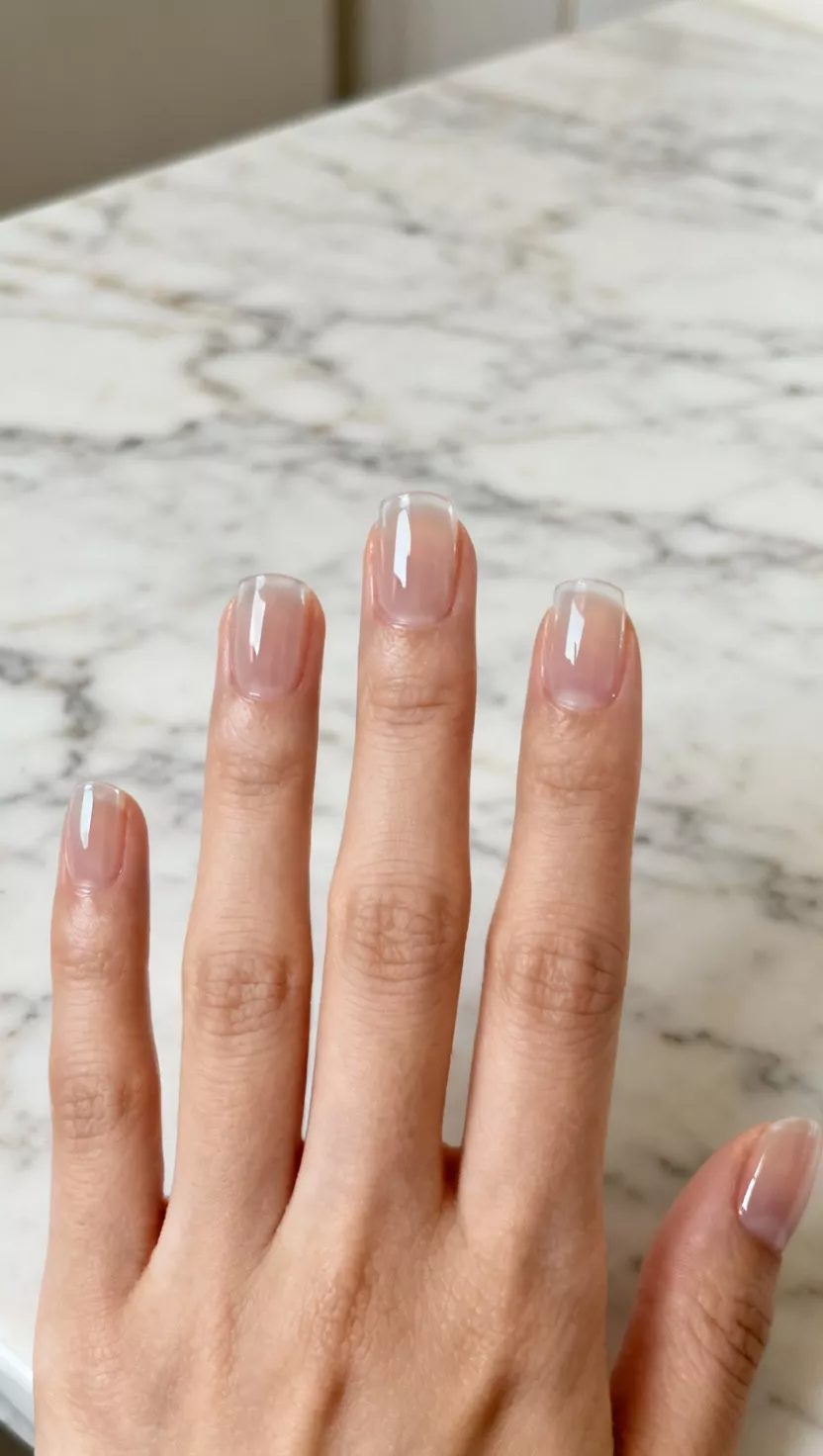 close-up shot of a woman’s hand with five fingers showing nails with a thick, high-shine clear gloss topcoat over bare nails, marble countertop background.