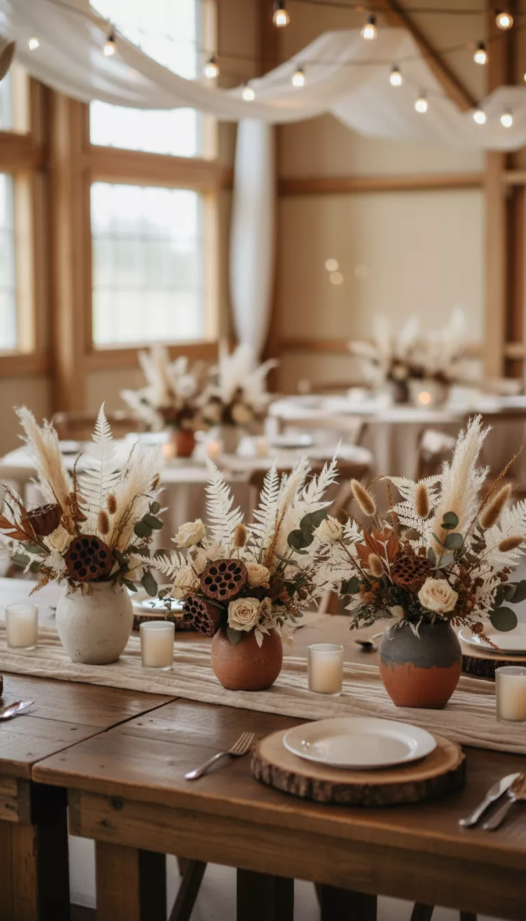 A professional photo, similar to a photo in a wedding magazine, of sophisticated, earthy wedding centerpieces featuring dried grasses, bleached ferns, and rust-colored dried floral pods in ceramic vessels.