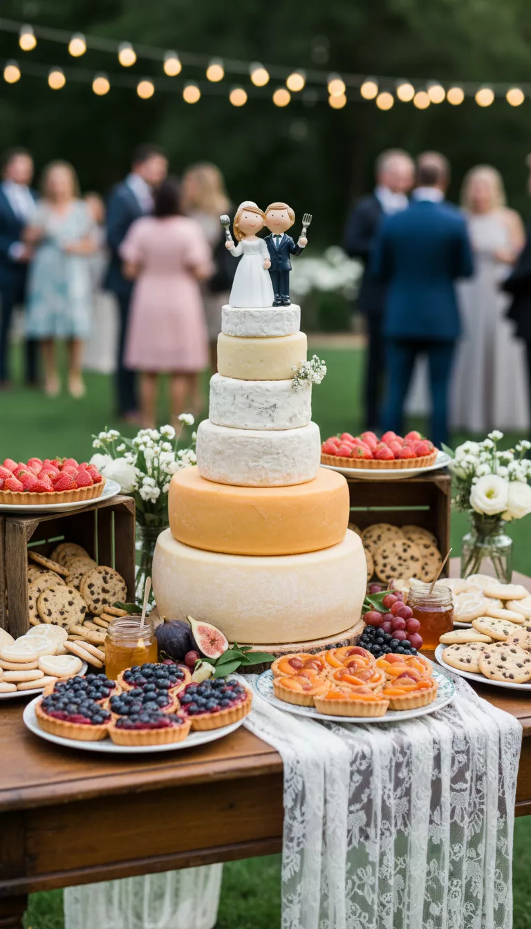 A photo of a unique wedding dessert table featuring a striking 'cheese cake' made of stacked cheese wheels, topped with a novelty bride and groom figurine, surrounded by various fruit tarts and small cookies.