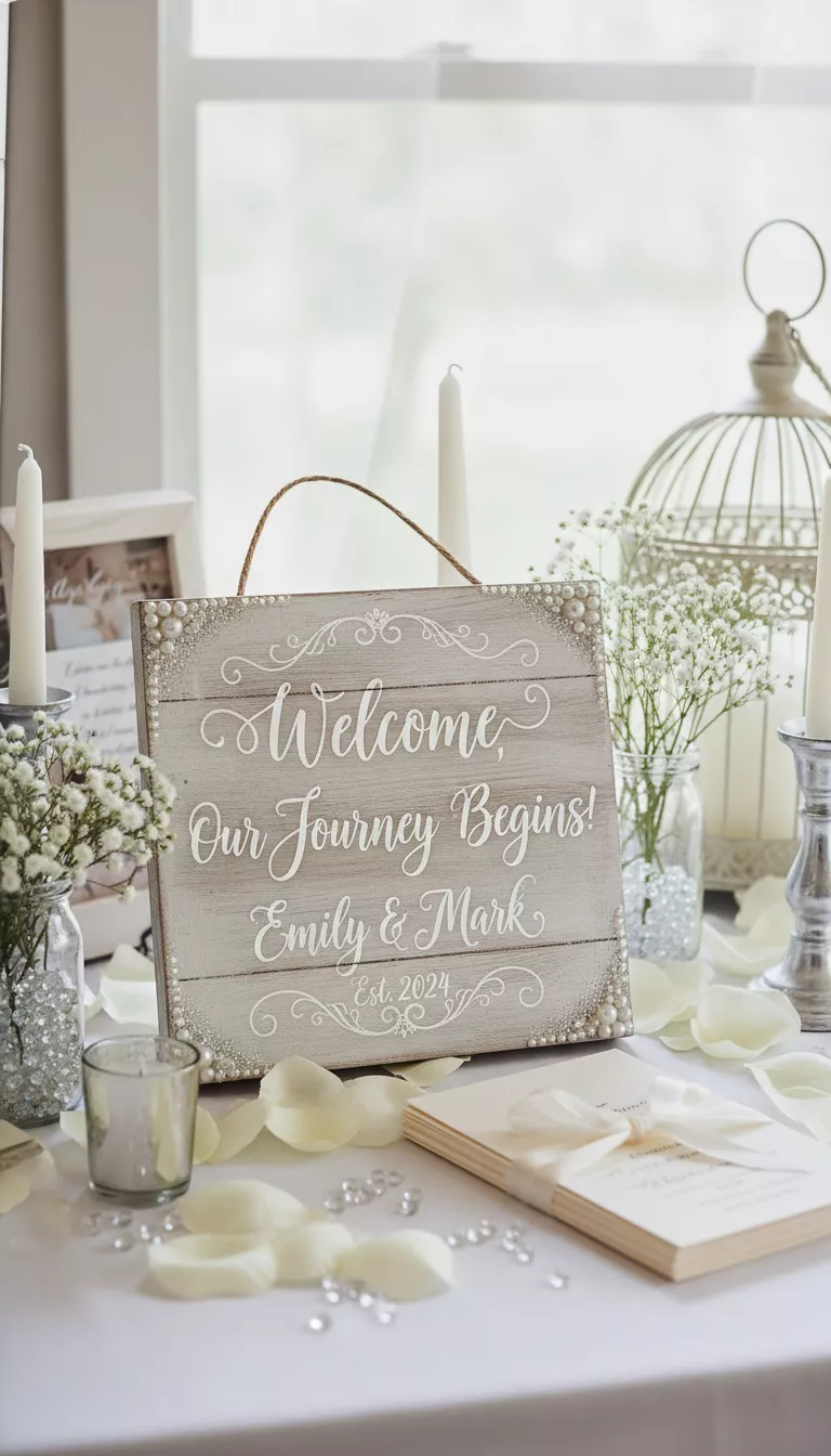 A professional photo, similar to a photo in a wedding magazine, of a small wooden sign created with Dollar Tree craft supplies, displaying a sweet, personalized message written in elegant white calligraphy ink, positioned on a welcome table.