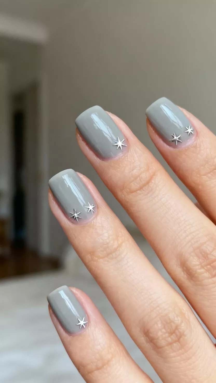 Silver Starburst Decals close-up shot of a woman’s hand with five fingers showing nails with a cool-toned, pale gray polish base, sparingly decorated with tiny, perfectly placed reflective silver starburst decal stickers scattered near the cuticle, room background.