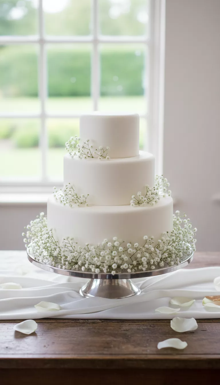 A professional photo, similar to a photo in a wedding magazine, of a simple, three-tiered white wedding cake adorned with delicate sprigs of white Baby's Breath scattered lightly around the base and between the tiers.