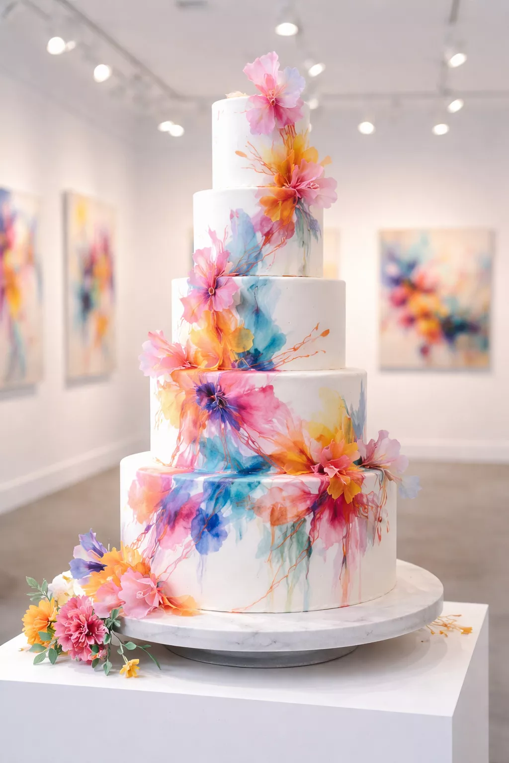 Artistic Watercolor Cake A realistic photo of a tall white wedding cake with fluid, colorful watercolor paints and abstract floral shapes, set in an art gallery with bright studio lighting.