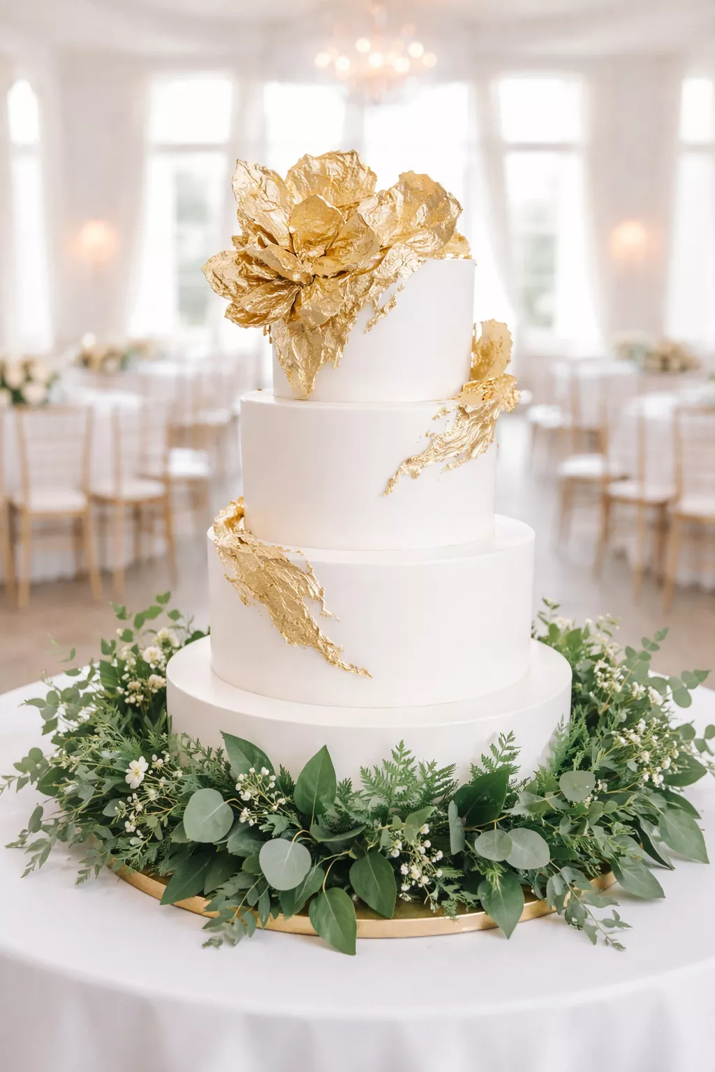 Glam Gold Foil Cake A realistic photo of a white wedding cake featuring huge flourishes of gold foil at the top and thick green foliage at the base, displayed in a bright and airy hall.