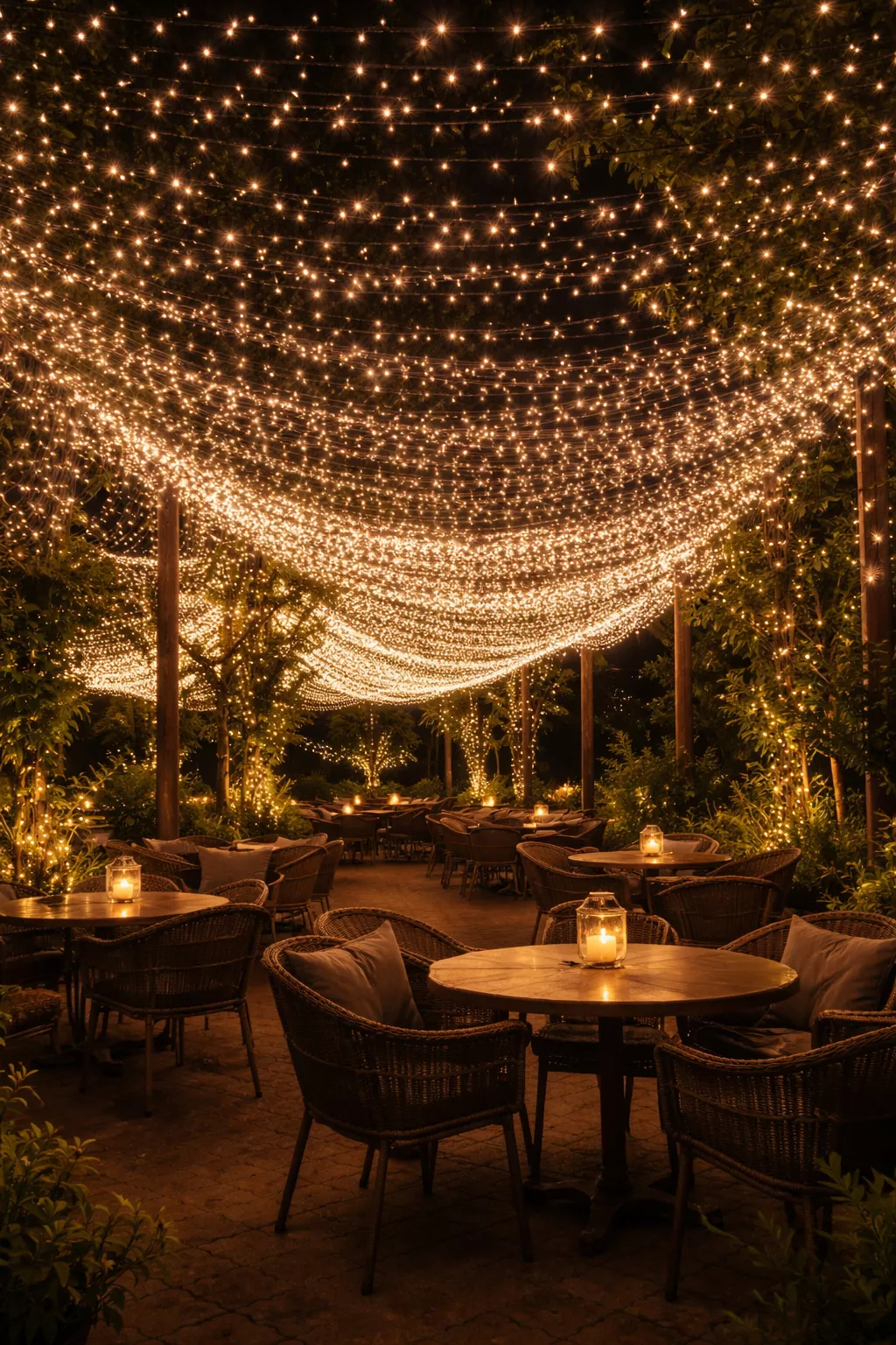 A realistic photo of hundreds of tiny white fairy lights forming a canopy over an outdoor seating area at night.