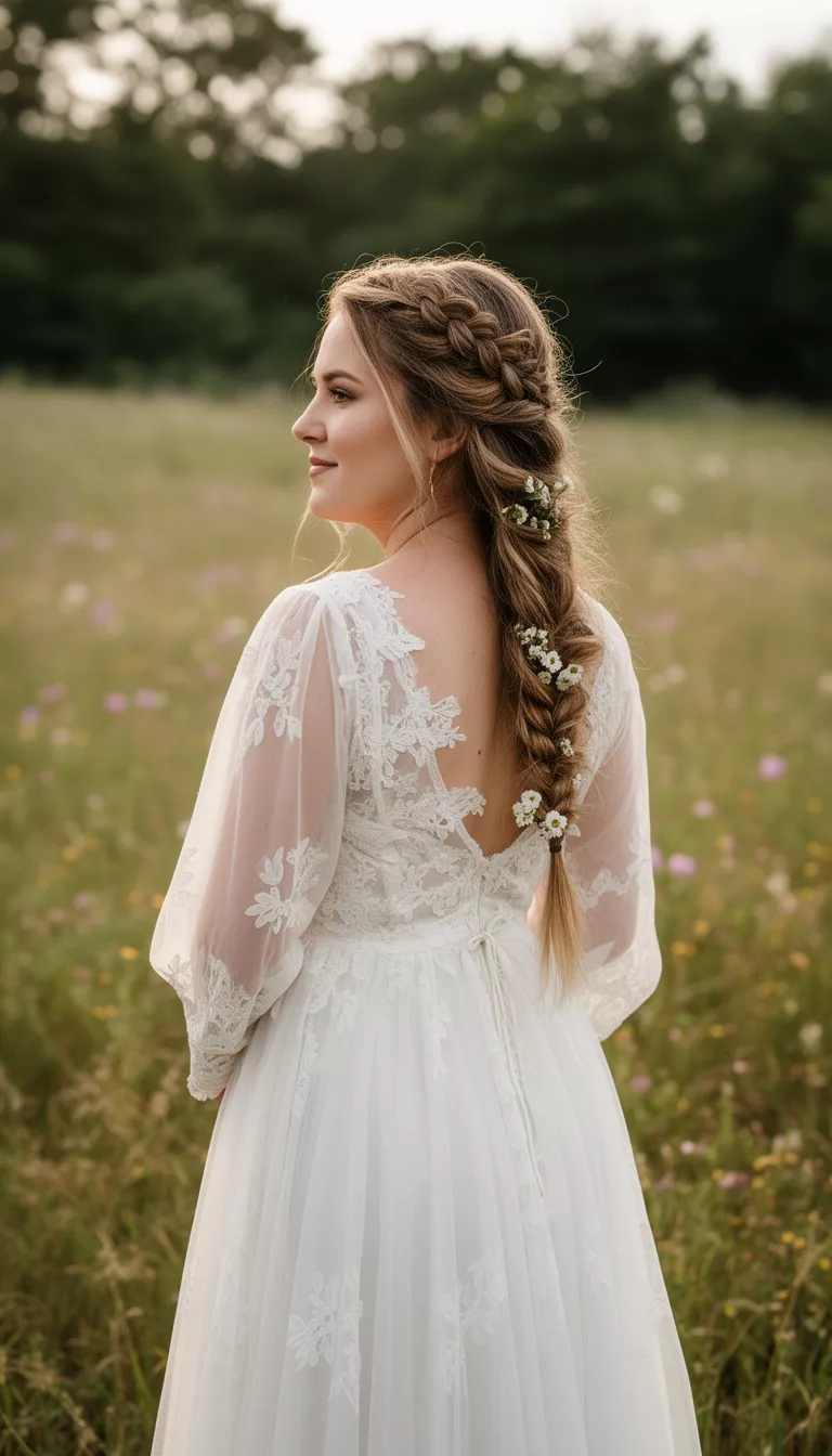 casual photo of a 29-year-old bride wearing a breezy boho wedding dress with a waterfall braid accent, side view, shot with an iPhone 15 Pro Max