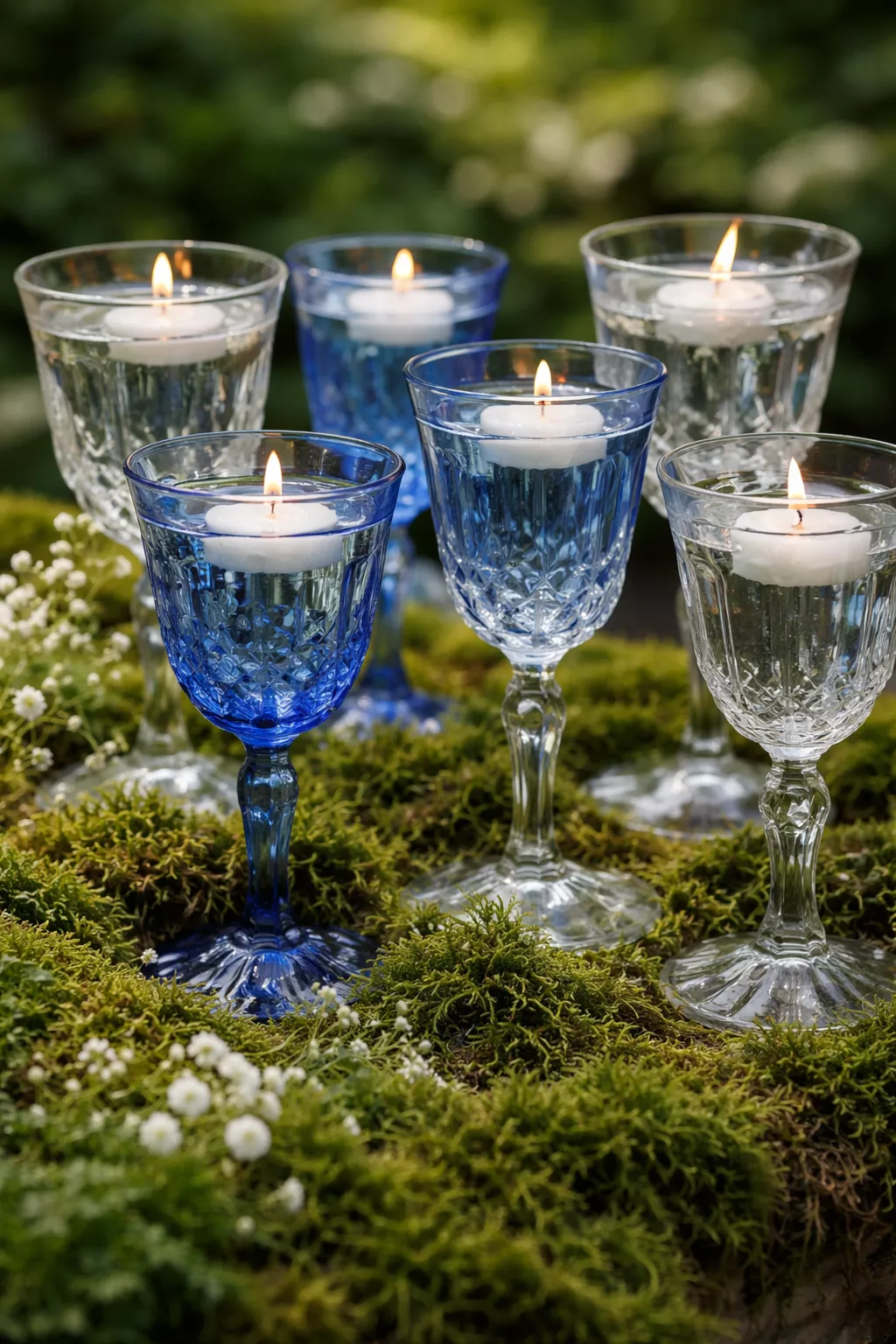 A realistic photo of mismatched vintage blue and clear wine glasses filled with water and floating candles on a green moss base.