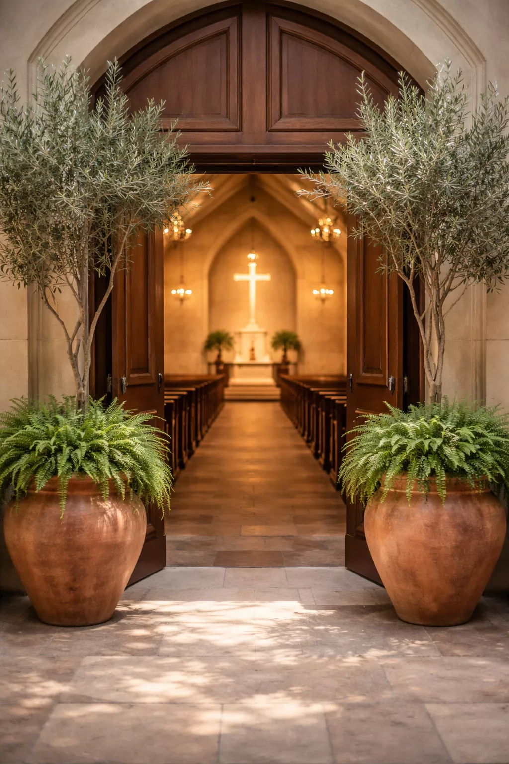A realistic photo of large terracotta pots containing tall olive trees and lush ferns standing at the entrance to the church sanctuary.