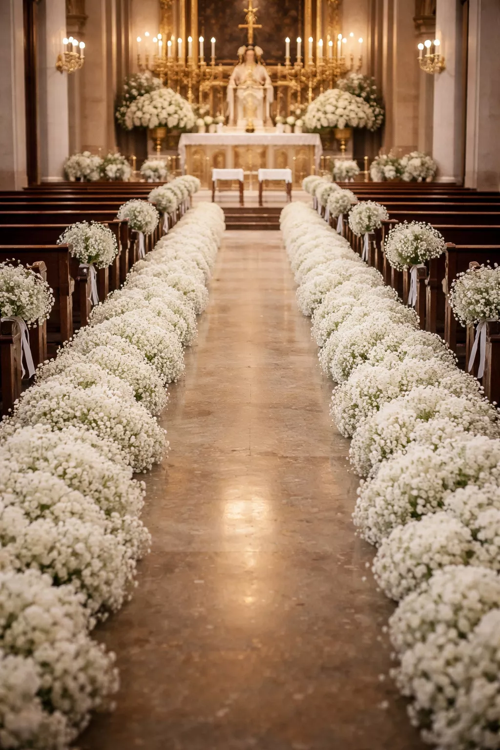 A realistic photo of the church aisle floor lined with continuous thick fluffy clouds of white baby's breath garlands stretching toward the altar.