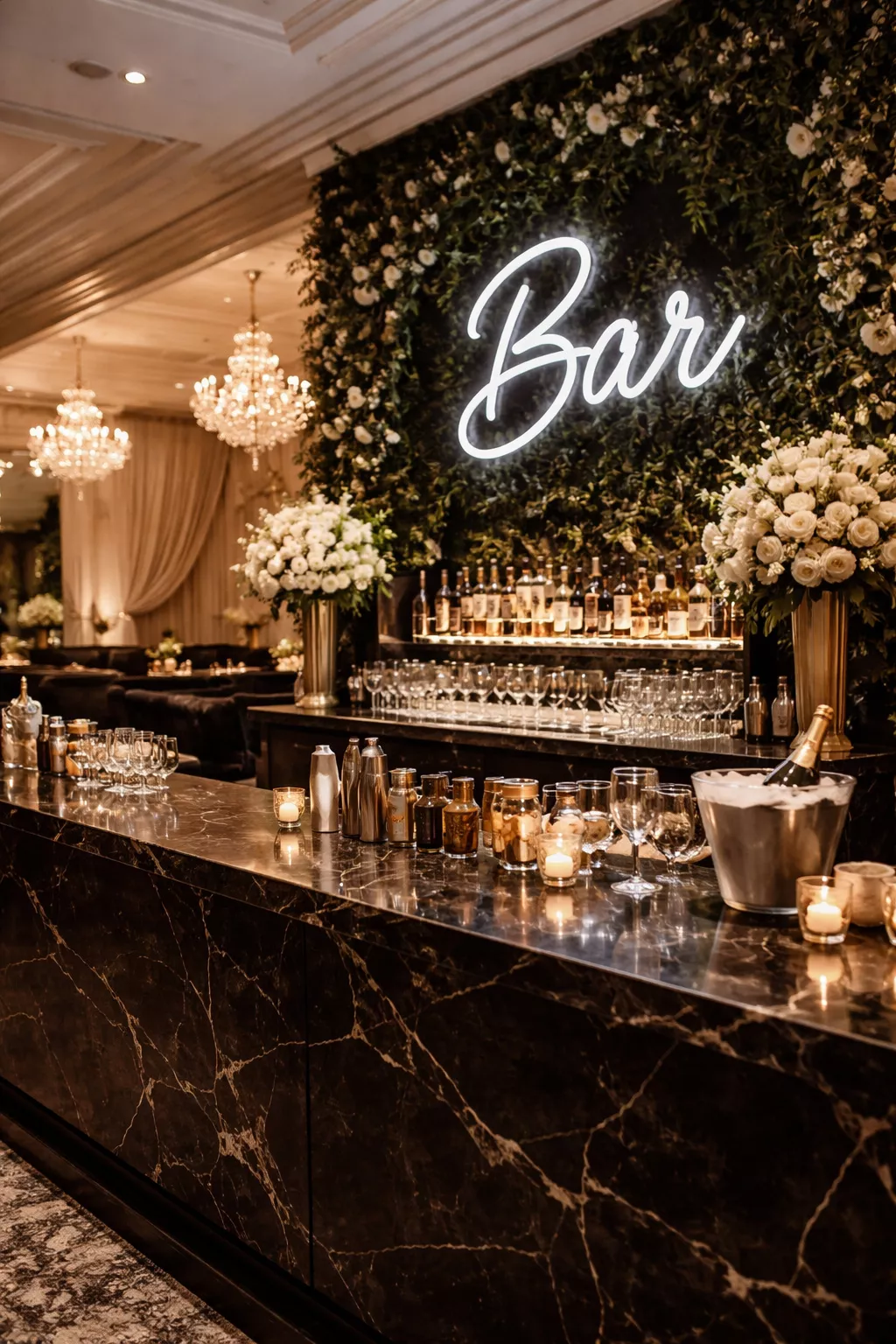 A realistic photo of a wedding bar with a black marble countertop, a black neon bar sign, and several black velvet sofas in the background.