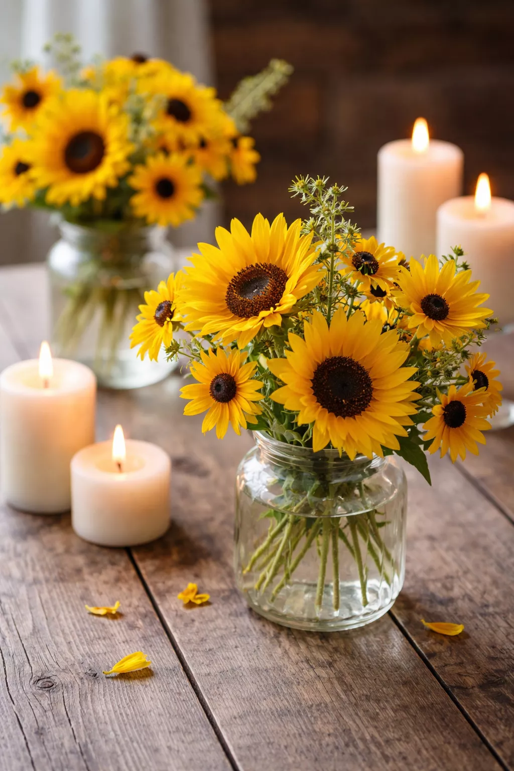 A realistic photo of low vintage glass vases filled with bright yellow sunflowers and black-eyed susans on a rustic wooden table with white candles.