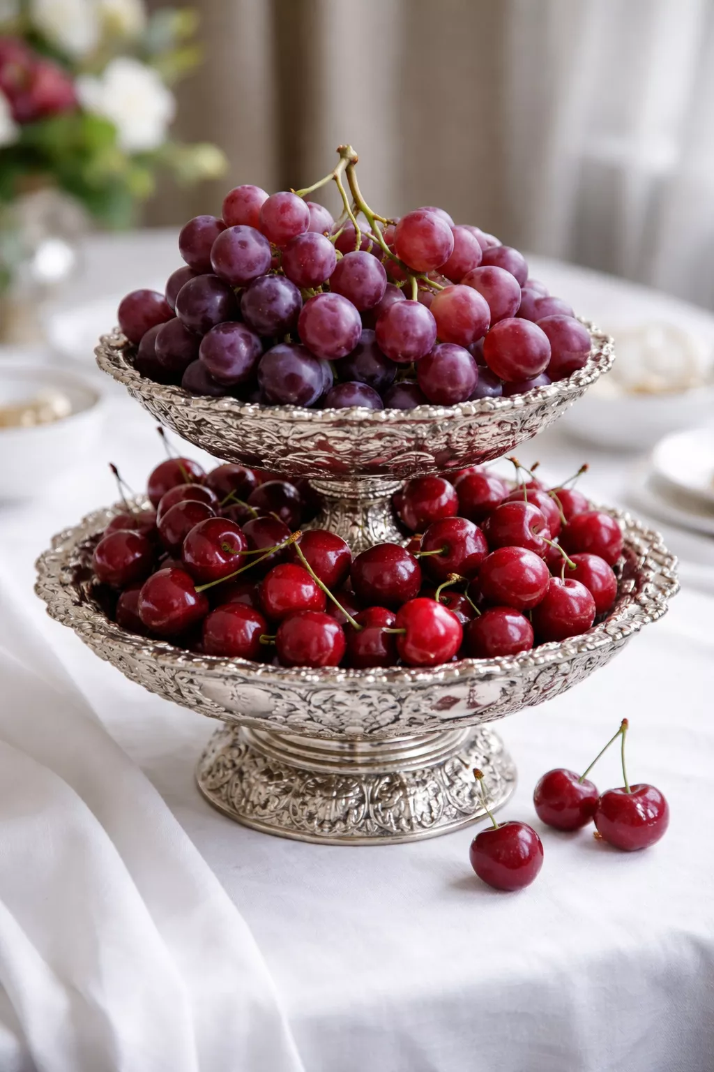 A realistic photo of an ornate silver tiered bowl filled with purple grapes and red cherries on a white tablecloth.