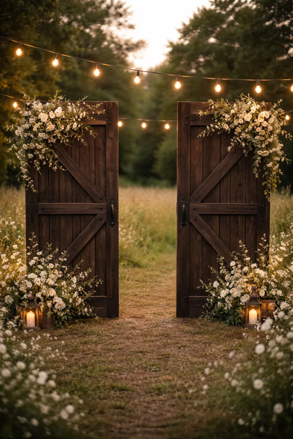 A realistic photo of two standing dark wood barn doors decorated with white wildflowers and warm string lights in an outdoor field.