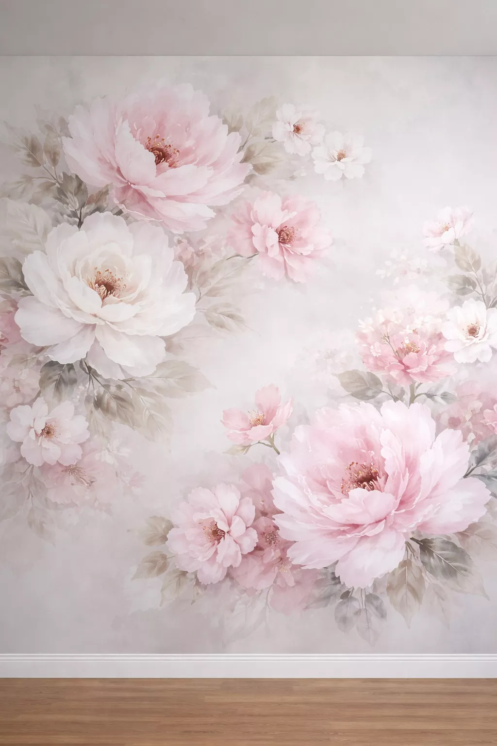 A realistic photo of a large canvas mural featuring soft pink and white watercolor flowers against a light gray background.