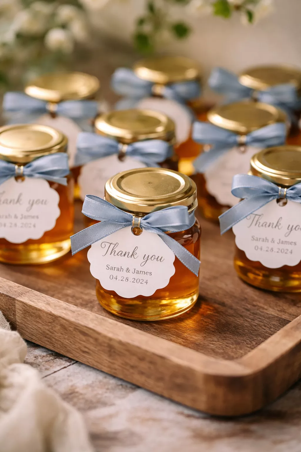 A realistic photo of small glass honey jars tied with dusty blue ribbons and personalized white tags on a rustic wooden tray