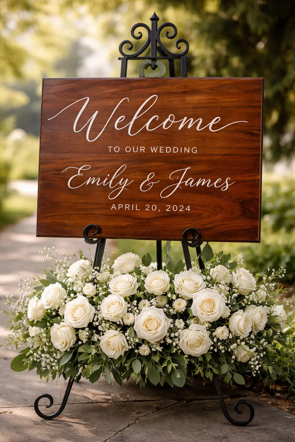 A realistic photo of a polished wooden welcome sign on a black wrought iron easel featuring white calligraphy names and dates surrounded by a base of white roses.