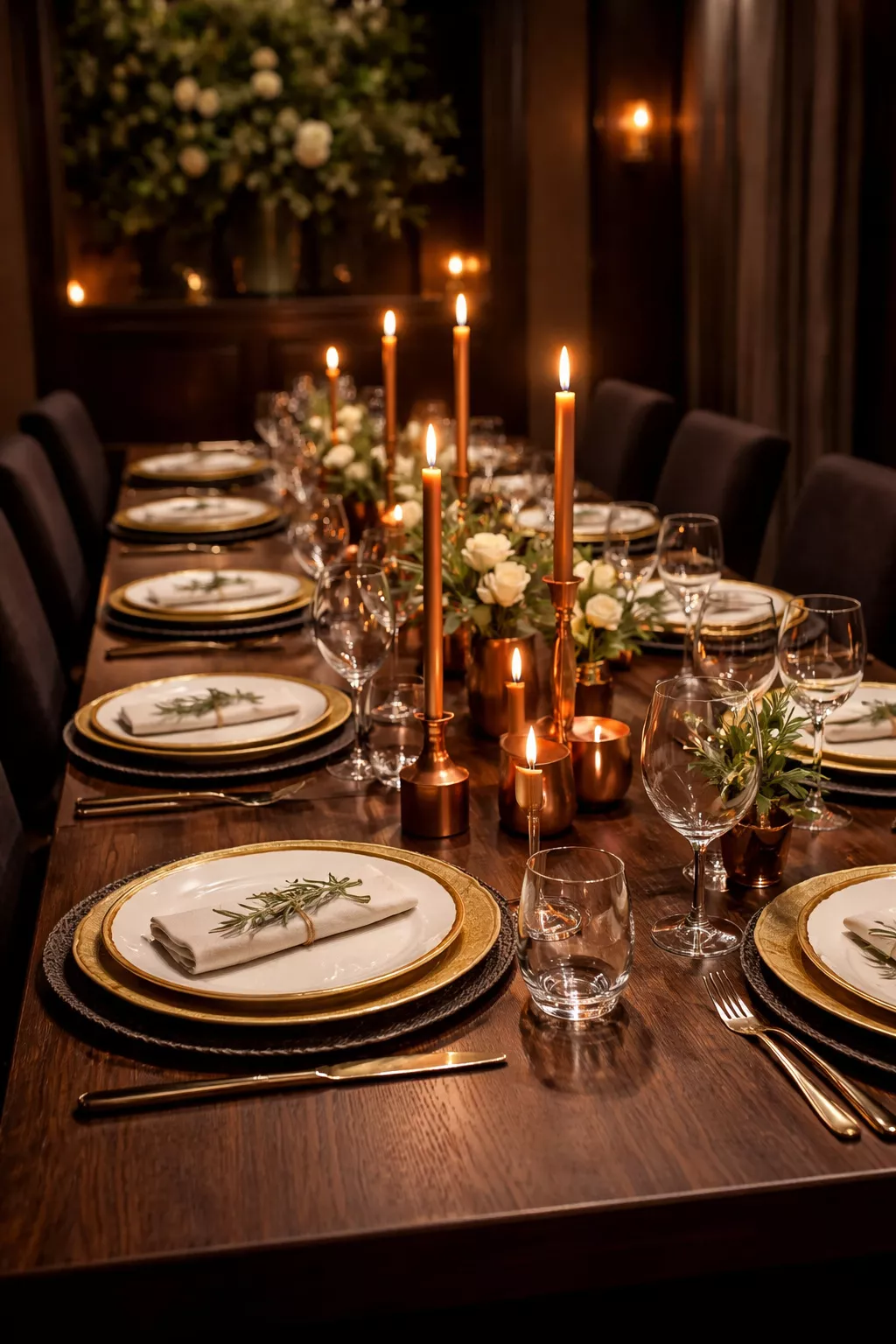 A realistic photo of a long dark wood restaurant table set for a small group with gold rimmed plates and copper candle holders in an intimate private room.